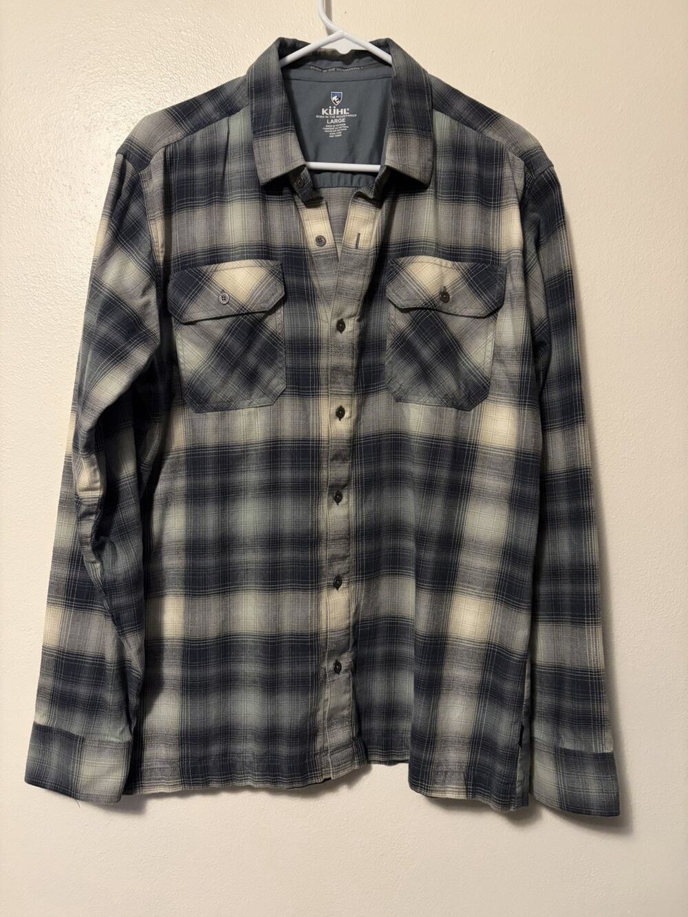 Kuhl Flannel Shirt Men's Size Large Blue Gray Plaid Button Down Hiking Outdoor